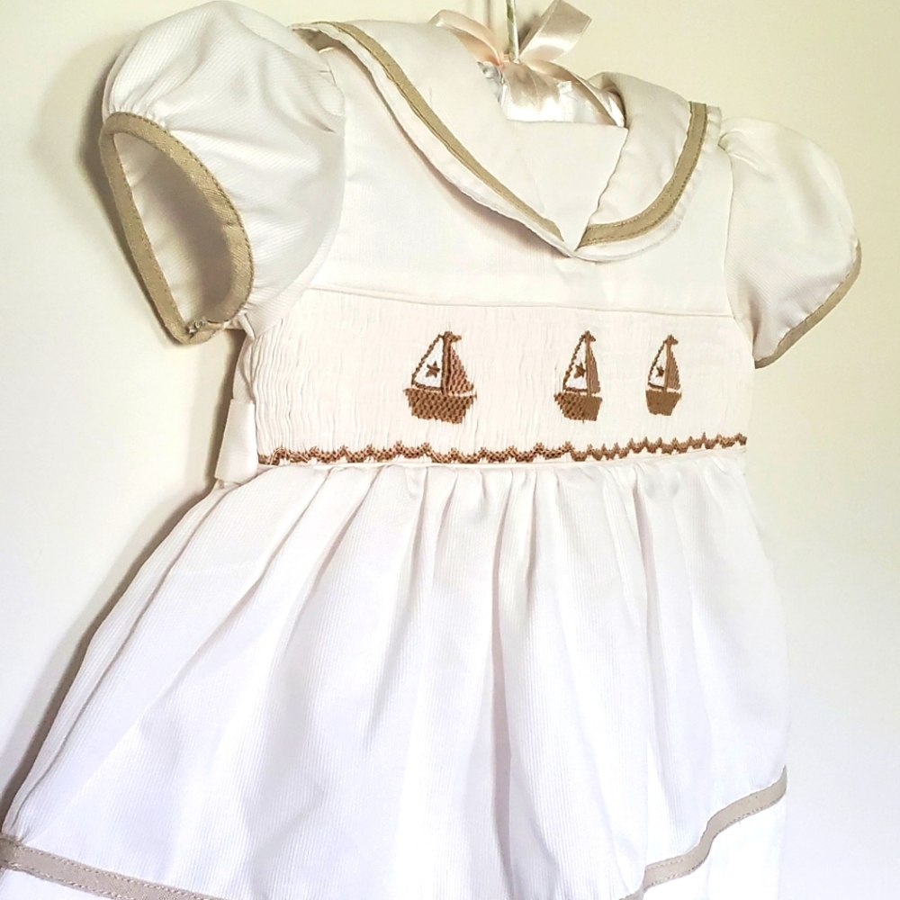 White Smocked Sailor Dress White 3M Carriage Boutique